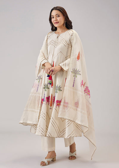 Off White Hand Block Print Anarkali And Gotta Lace Work