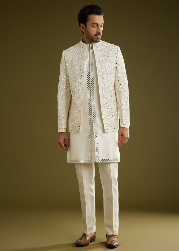 Off White Indo Western Set With Mirror And Thread Work On Silk