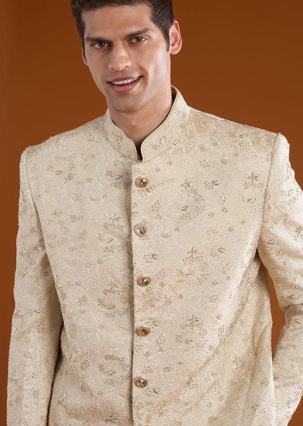 Off White Jacquard Silk Embroidered Jodhpuri Set