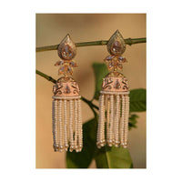 Off White Jhumkas With Carved Design, Crystals And Bead And Pearl Fringes Online - Kalki Fashion