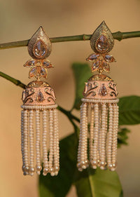 Off White Jhumkas With Carved Design, Crystals And Bead And Pearl Fringes Online - Kalki Fashion