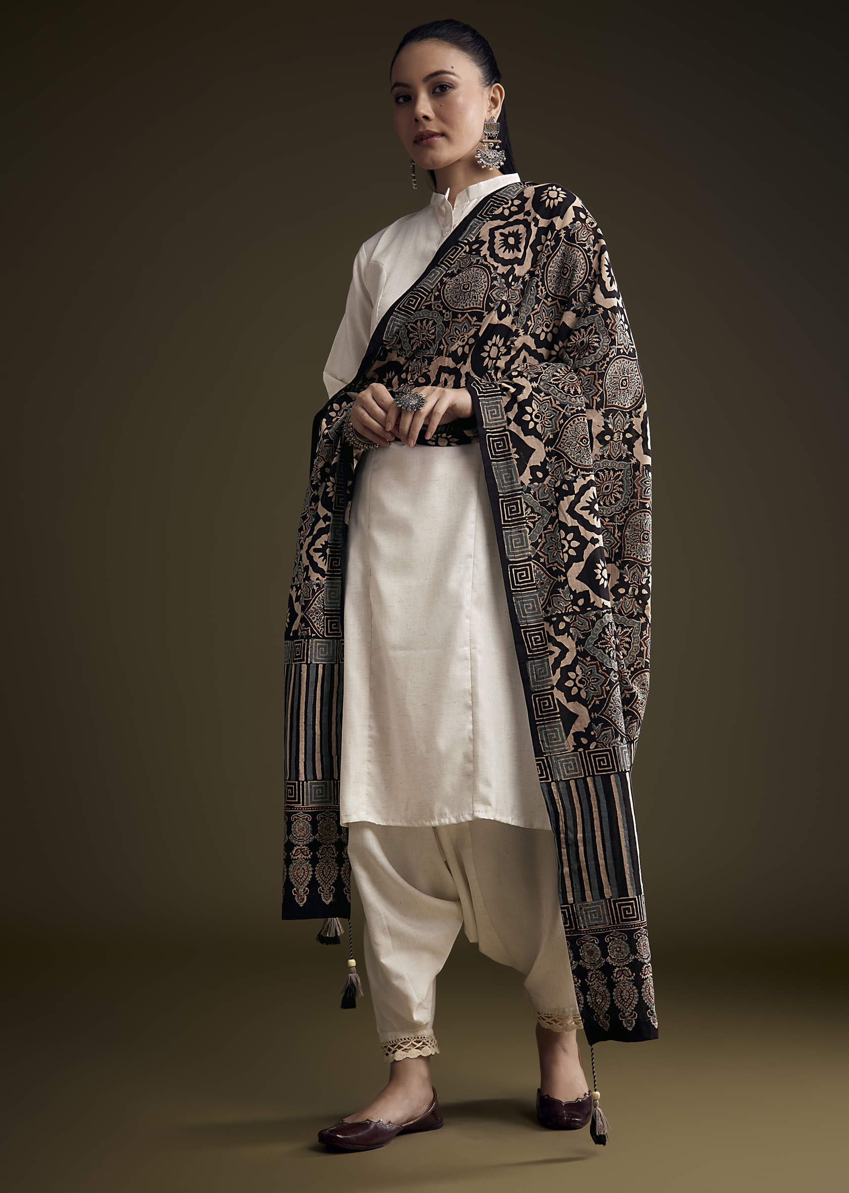 Off White Khadi Dhoti Suit With Black Hand Dyed Ajrakh Dupatta