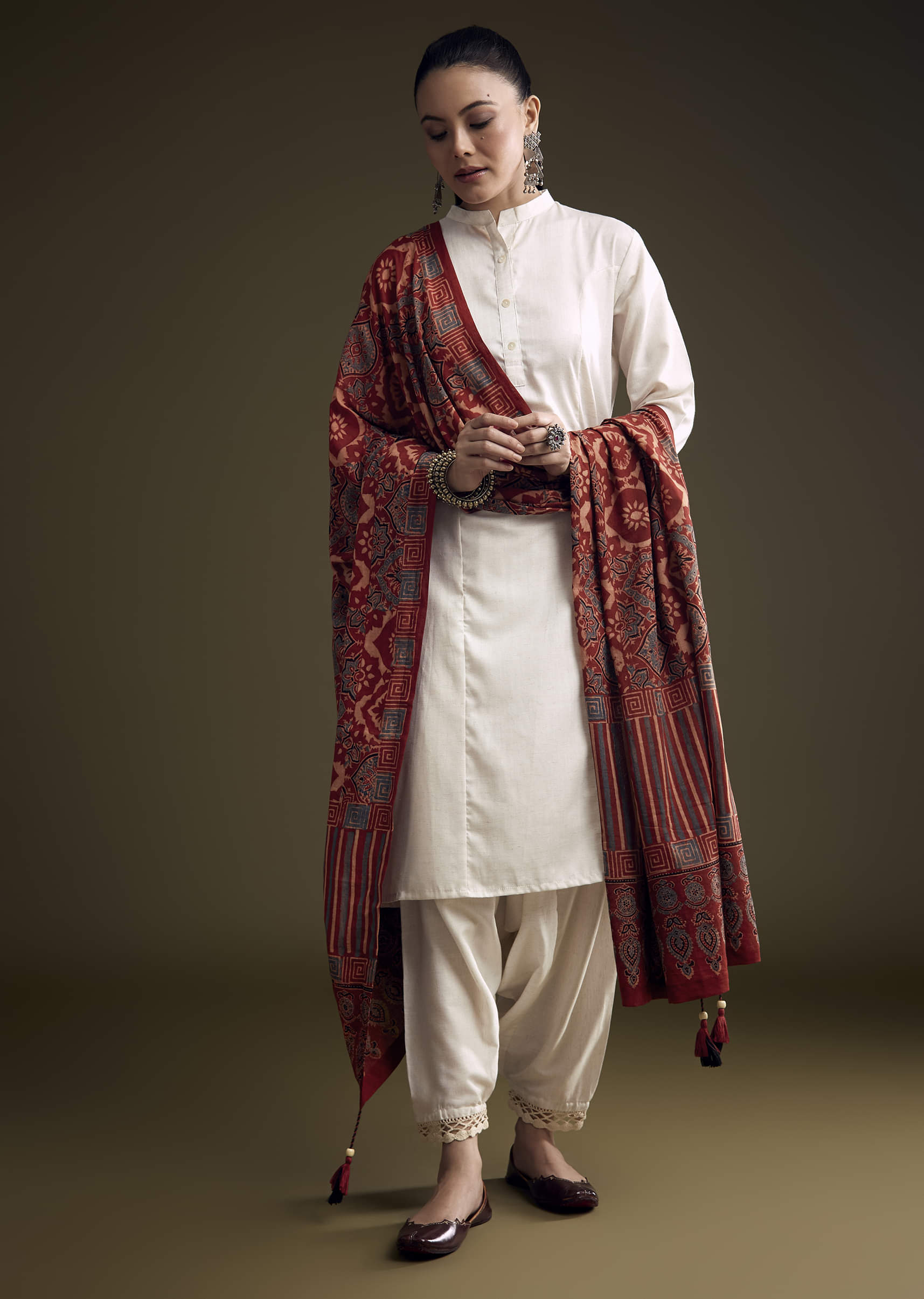 Off White Khadi Dhoti Suit With Red Hand Dyed Ajrakh Dupatta
