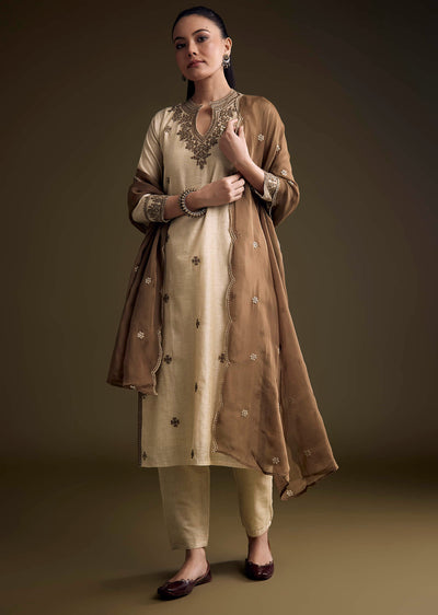 Off White Khadi Kurta Set With Resham Embroidery