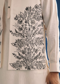 Off White Kurta Jacket Set With Machine Embroidery