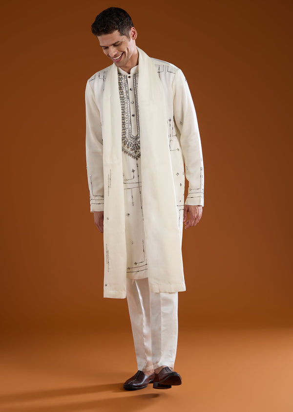 Off White Metal Hand Embroidered Kurta Set with Dupatta