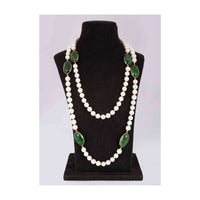 Off white long pearl necklace enhanced with emerald green semi precious stone only on Kalki