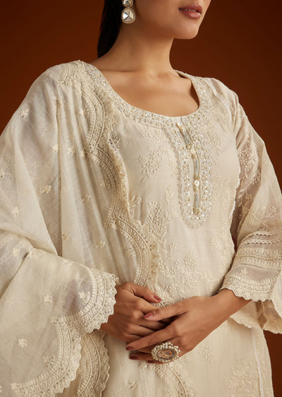 Off White Mul Chanderi Embroidered Kurta Dupatta Set