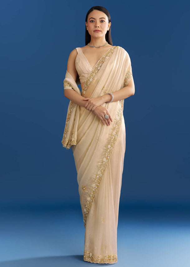 Off White Organza Tissue Saree With Beaded Scallop Border