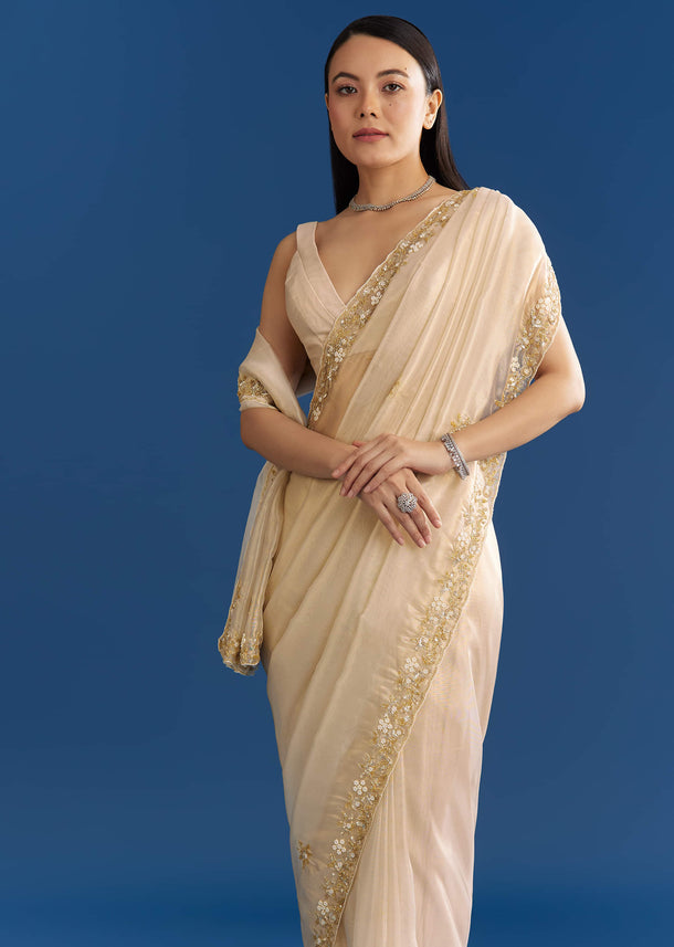 Off White Organza Tissue Saree With Beaded Scallop Border
