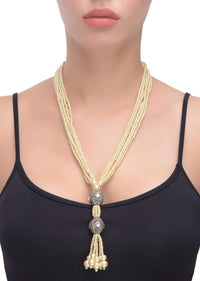 Off White Pearls Multi Strand Necklace With Dangling Stone And Kundan Embellished Beads Online - Kalki Fashion