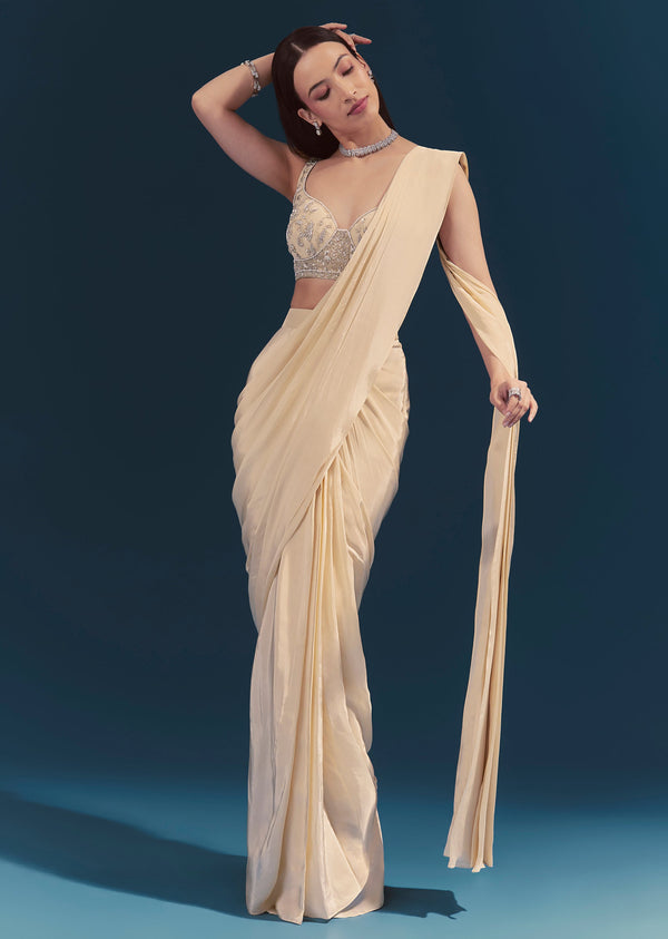 Off White Ready Pleated Saree Set