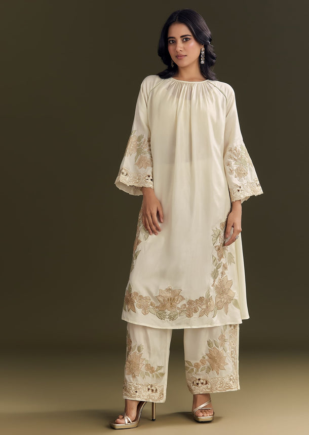 Off White Russian Silk Kurta Dupatta Set With Applique Zari Work
