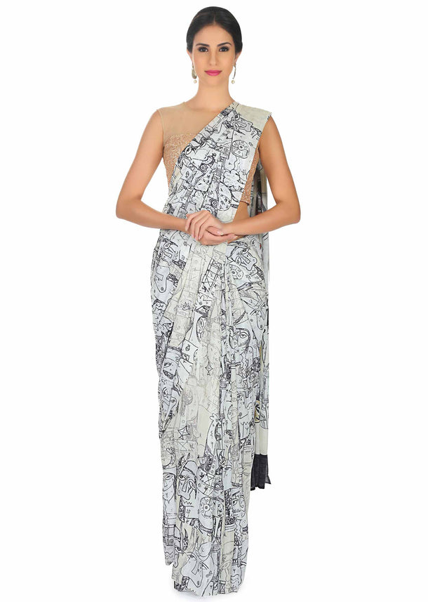 Off white saree in abstract human face print all over only on Kalki