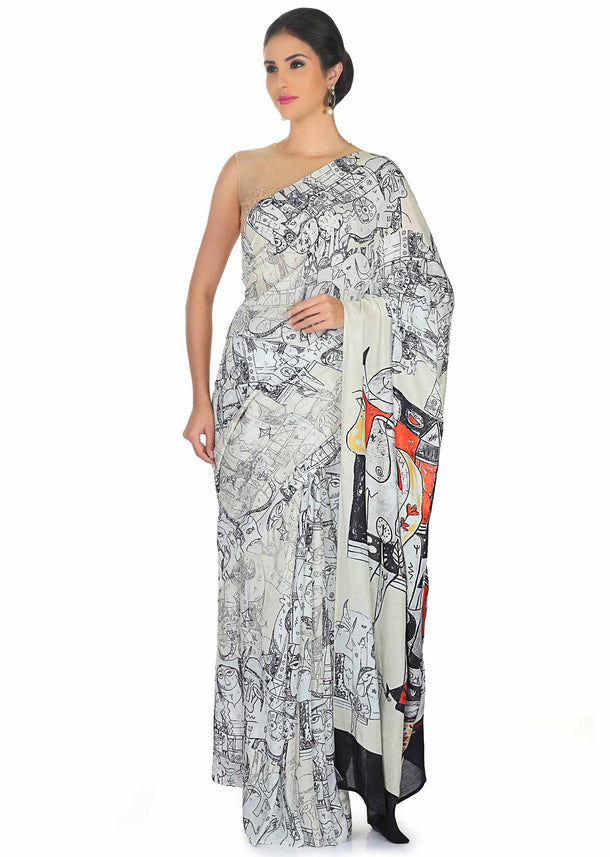 Off white saree in abstract human face print all over only on Kalki