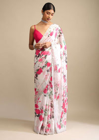 Off White Saree In Crepe With Floral Print All Over And Multi Colored Kundan Accents Along The Border