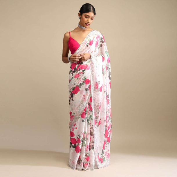 Off White Saree In Crepe With Floral Print All Over And Multi Colored Kundan Accents Along The Border