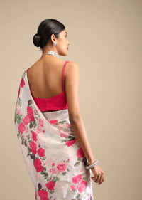 Off White Saree In Crepe With Floral Print All Over And Multi Colored Kundan Accents Along The Border