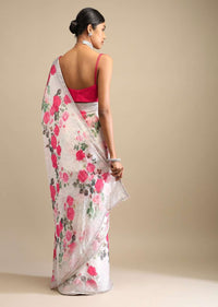 Off White Saree In Crepe With Floral Print All Over And Multi Colored Kundan Accents Along The Border