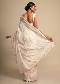 Off White Saree In Georgette With Resham Embroidered Floral Jaal Online - Kalki Fashion