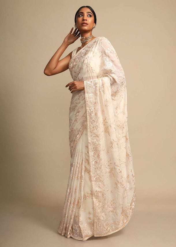 Off White Saree In Georgette With Resham Embroidered Floral Jaal Online - Kalki Fashion