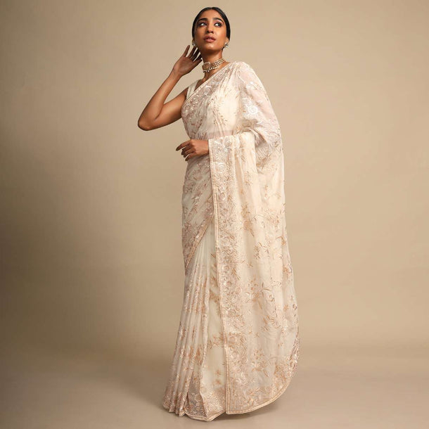 Off White Saree In Georgette With Resham Embroidered Floral Jaal Online - Kalki Fashion