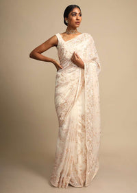 Off White Saree In Georgette With Resham Embroidered Floral Jaal Online - Kalki Fashion