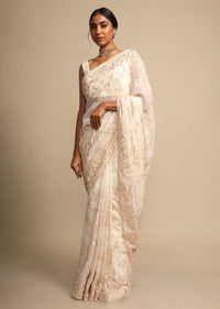 Off White Saree In Georgette With Resham Embroidered Floral Jaal Online - Kalki Fashion