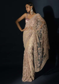 Beige Saree In Net With Light Peach Resham And Sequins Embroidered Floral Jaal