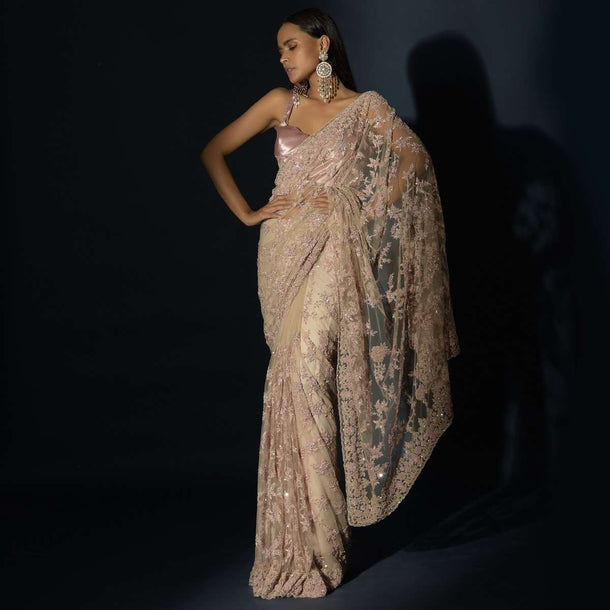 Beige Saree In Net With Light Peach Resham And Sequins Embroidered Floral Jaal