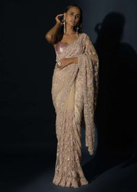 Beige Saree In Net With Light Peach Resham And Sequins Embroidered Floral Jaal