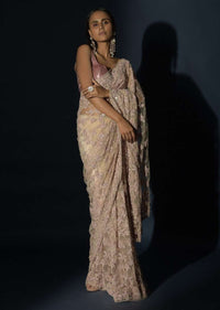 Beige Saree In Net With Light Peach Resham And Sequins Embroidered Floral Jaal