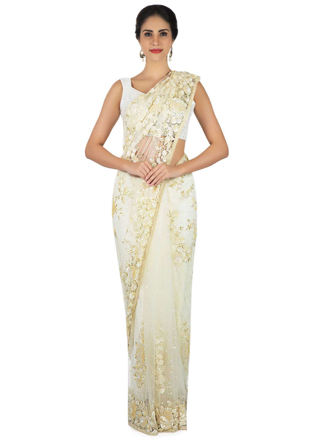 Off white saree in net with self color sequin and cut dana embroidery only on Kalki