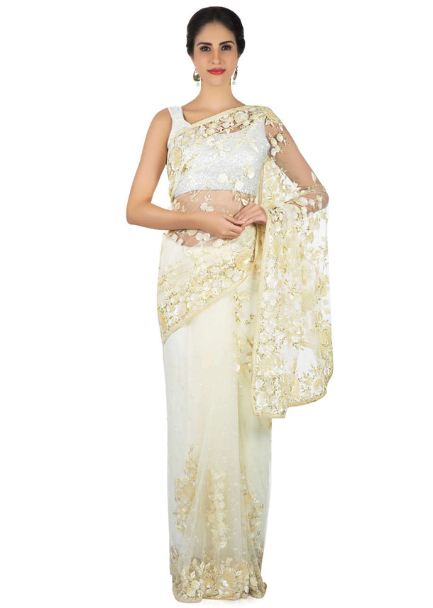 Off white saree in net with self color sequin and cut dana embroidery only on Kalki