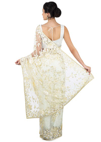 Off white saree in net with self color sequin and cut dana embroidery only on Kalki