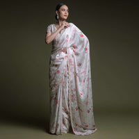 Off White Saree In Organza With Floral Print And Matching Sequins Embellished Blouse Online - Kalki Fashion