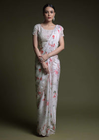 Off White Saree In Organza With Floral Print And Matching Sequins Embellished Blouse Online - Kalki Fashion