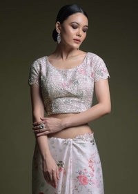 Off White Saree In Organza With Floral Print And Matching Sequins Embellished Blouse Online - Kalki Fashion