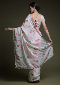 Off White Saree In Organza With Floral Print And Matching Sequins Embellished Blouse Online - Kalki Fashion