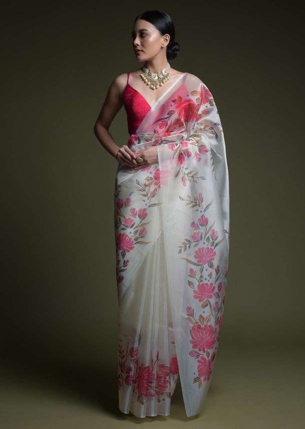 Off White Saree In Organza With Printed Flowers On The Border Online And Unstitched Blouse - Kalki Fashion