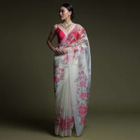 Off White Saree In Organza With Printed Flowers On The Border Online And Unstitched Blouse - Kalki Fashion