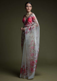 Off White Saree In Organza With Printed Flowers On The Border Online And Unstitched Blouse - Kalki Fashion