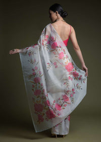 Off White Saree In Organza With Printed Flowers On The Border Online And Unstitched Blouse - Kalki Fashion