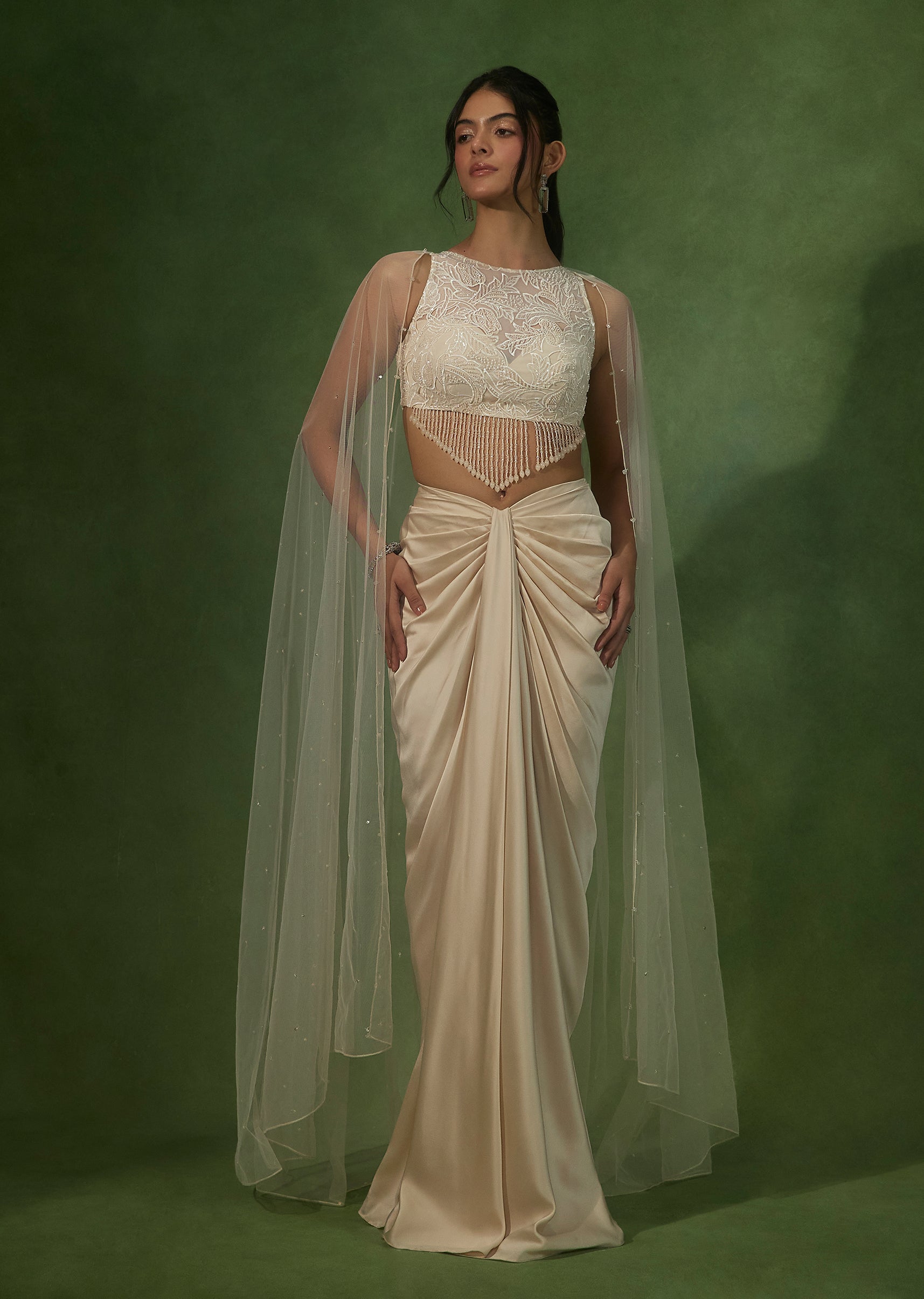 Off White Satin Skirt Set with Embroidered High Neck Blouse and Cape