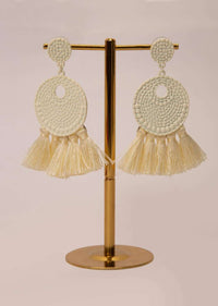 Off white self carved  earrings with thread tassels