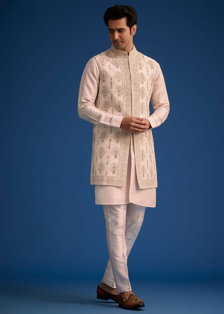 Off White Silk Kurta With Mirror And Thread Work Jacket