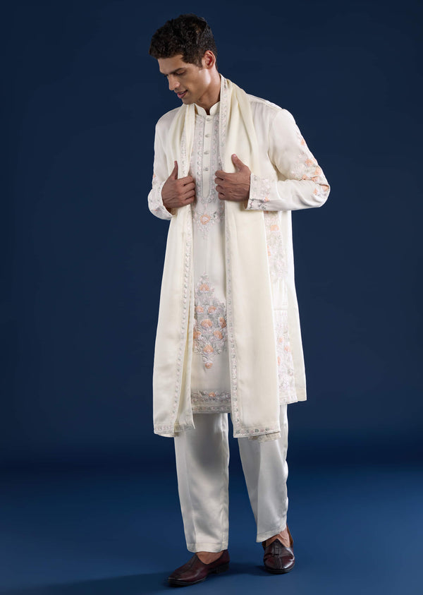 Off White Silk Linen Blend Mens Kurta Set with Dupatta