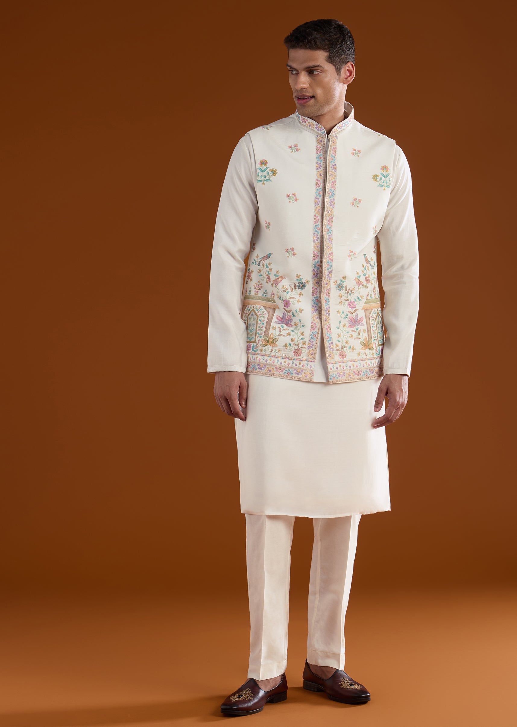 Off White Silk Mens Kurta Jacket Set With Thread And Motif Work