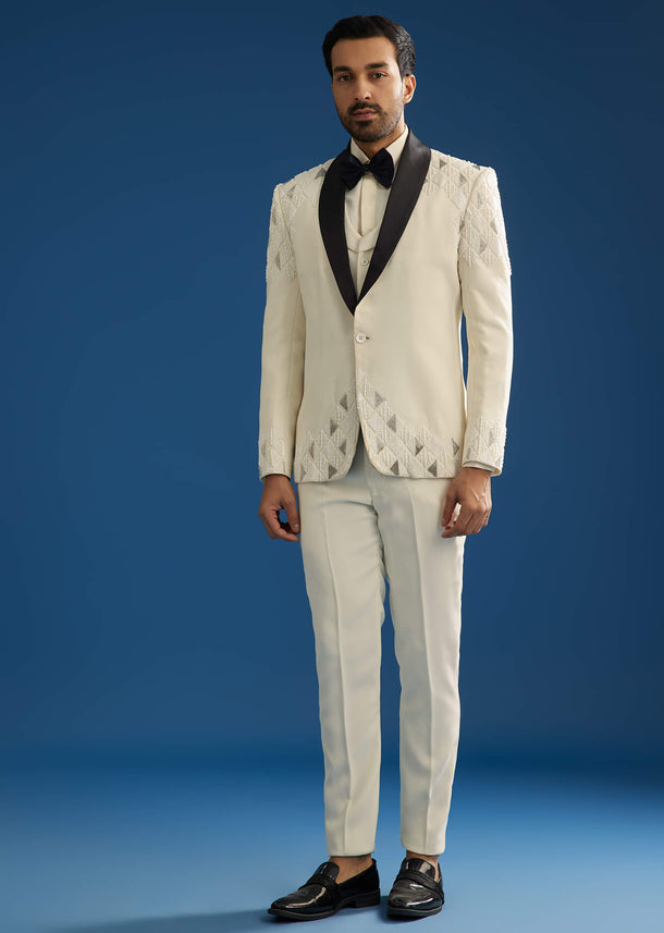 Off White Suiting Blazer Set With Beads And Cutdana Embroidery