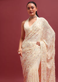 Off-White Embroidered Georgette Parsi Gara Saree With Unstitched Blouse